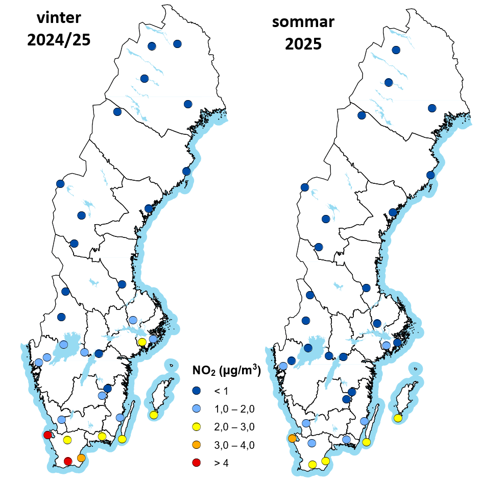 Karta över Sverige som visar halter av kvävedioxid (NO₂) i luft under sommaren och vintern 2025.
