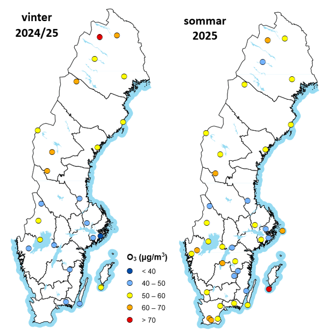 Karta över Sverige som visar halter av ozon (O₃) i luft under sommaren och vintern 2025.