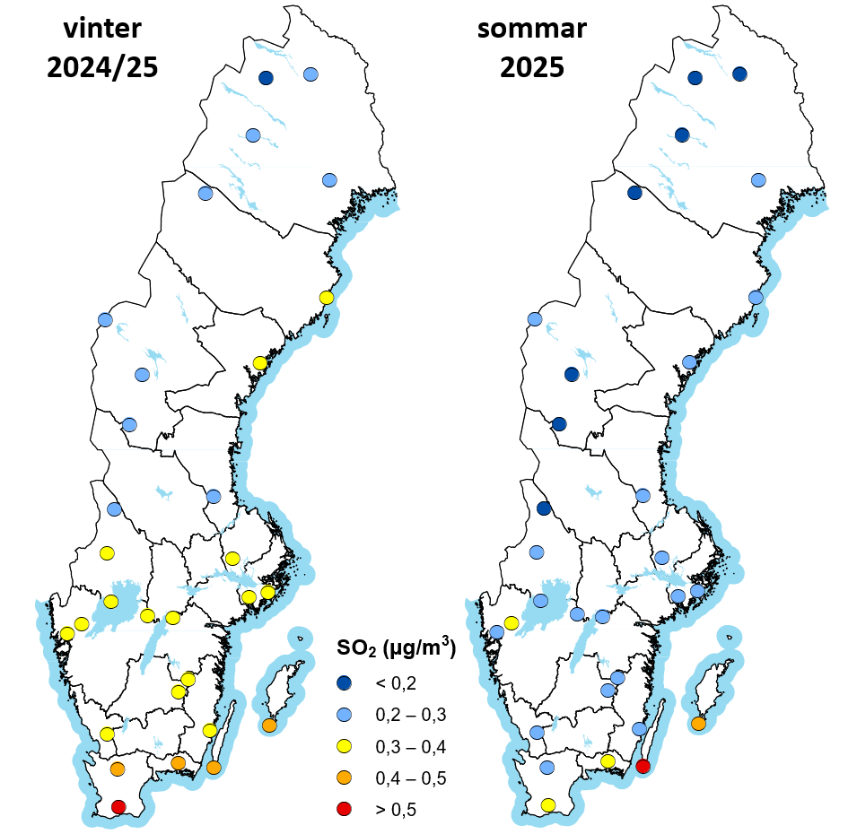 Karta över Sverige som visar halter av svaveldioxid (SO₂) i luft under sommaren och vintern 2025