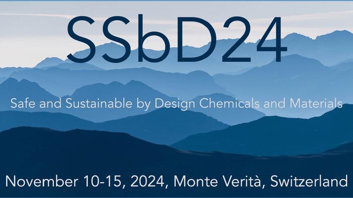 Graphic image of blue mountains with embedded text: SSbD24, Safe and Sustainable by Design Chemicals and Materials.