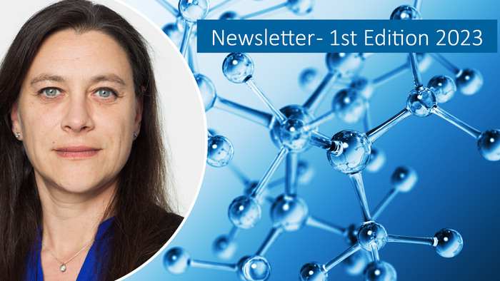 Montage of a portrait of Emma Strömberg and a picture of blue molecules on a blue background.