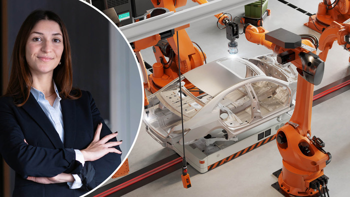 Photo montage of a profile picture of a woman and a picture of the assembly of a car 