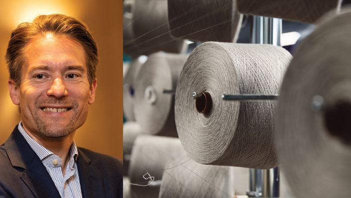 Bildmontage mellan två bilder en profil bild på Walter Lutz och den andra bilden föresyäller större trådrullar 